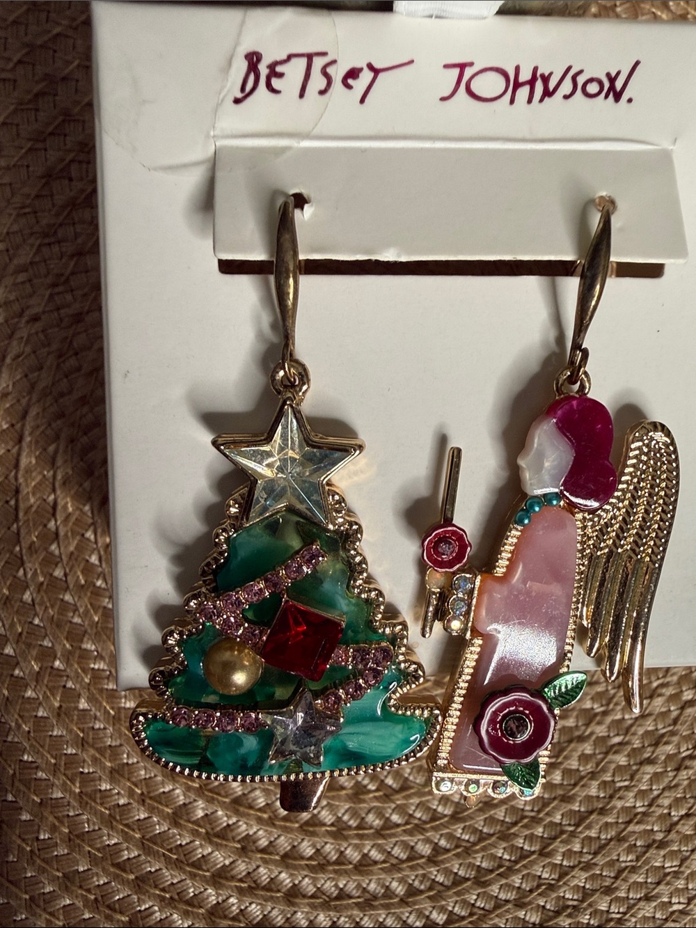Betsey Johnson 🎄Christmas Tree Holiday Angel Mismatch Drop Earrings